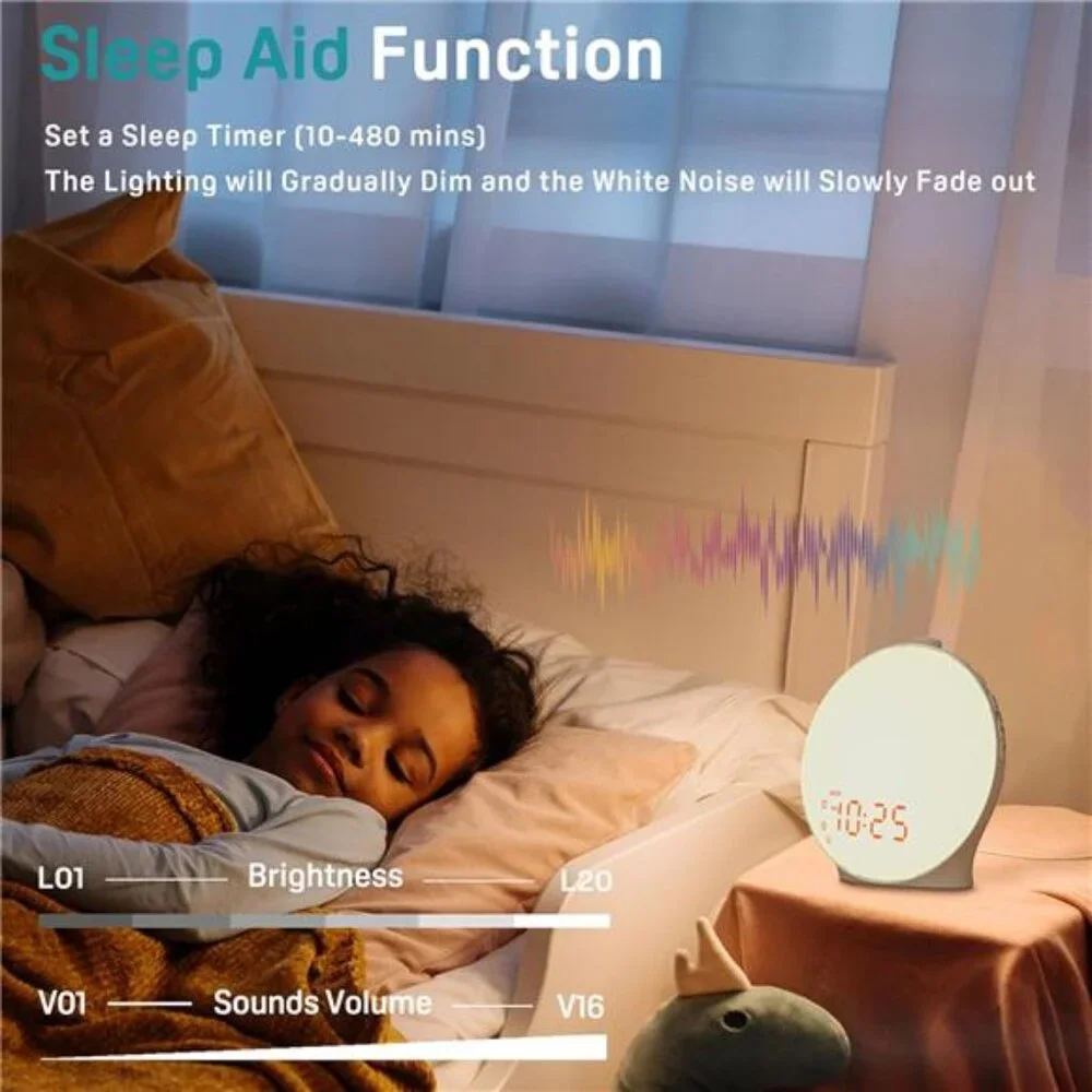 Sunrise Alarm Clock White Noise Sound Machine Bluetooth Night Light Bedroom Kids